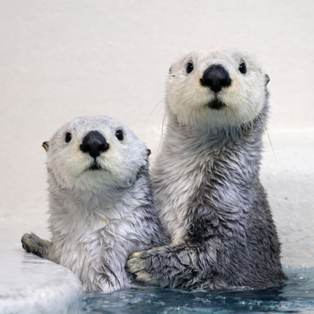 Two sea otters looking up toward the camera